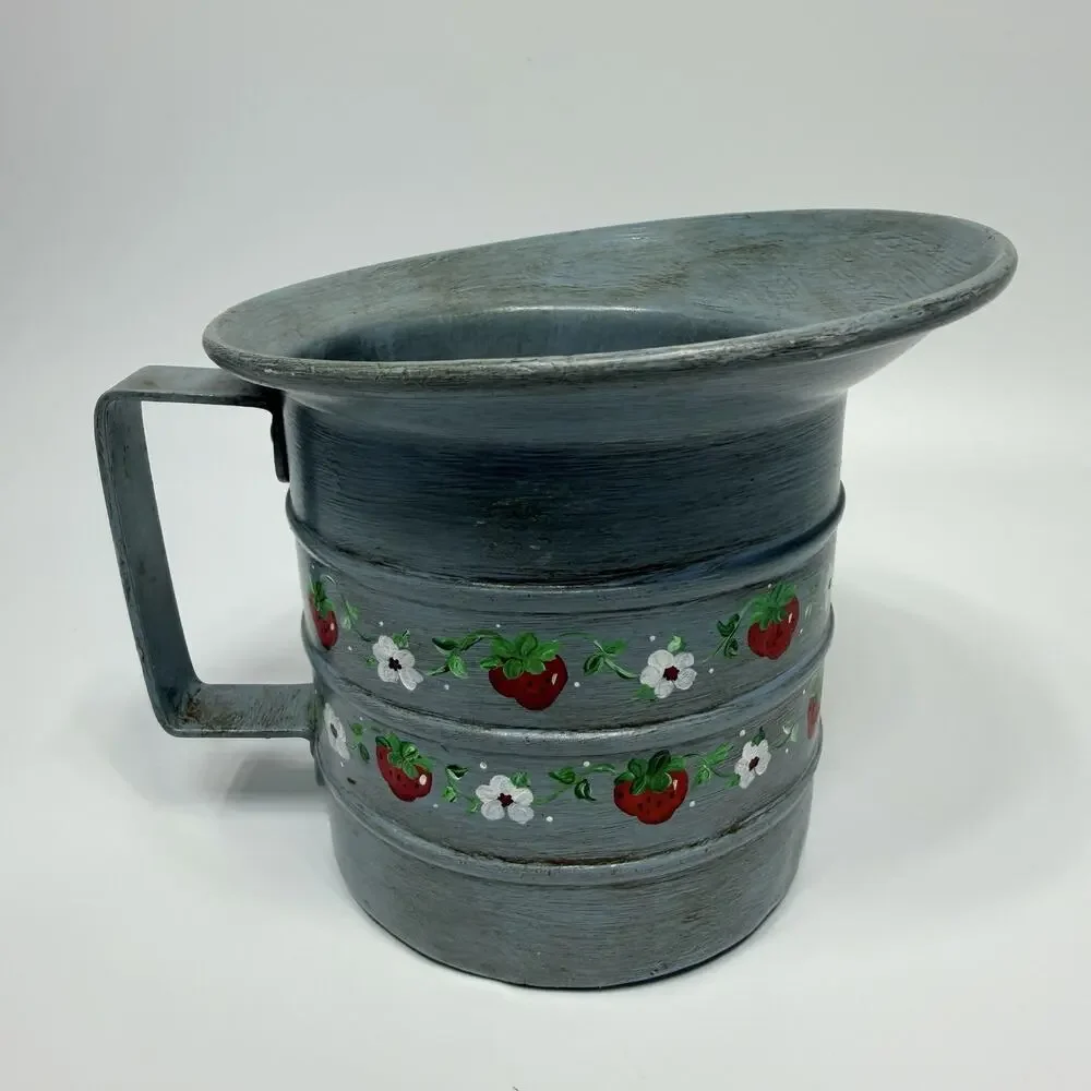 Handpainted Blue Strawberry Blossoms Metal Measuring Cup Planter Vase 6